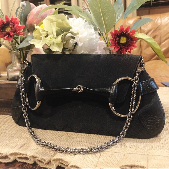 Gucci Handbags - Gucci Monogram Canvas Small Horse Bit Chain Clutch
